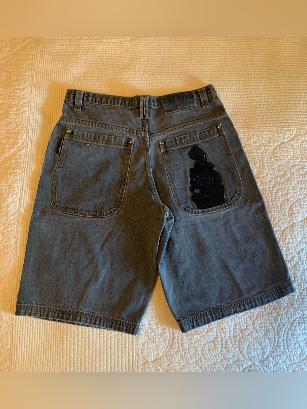 Vintage Y2K Johnny Blaze dragon-patch denim shorts
